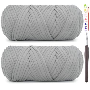 Imagem de Pacote com 2 fios de camiseta para crochê, camiseta cinza, tecido elástico grosso, fio de crochê para iniciantes, bolsa de tricô à mão, cesta/porta-copos / artesanato faça você mesmo/decoração de casa