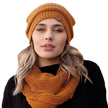 Imagem de Touca feminina masculina lã e cachecol gola tricot frio kit - Fonte, M