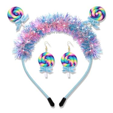 Imagem de PHALIN Tiara feminina de Natal com pingente de pirulito, acessórios de cabelo doces, acessórios de cabelo Candyland, lembrancinhas de festa de doces (azul)