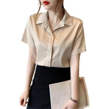 Imagem de Blusas Femininas De Manga Shrot Blusas De Cetim Para Escritório Com Botões, Apricot, L