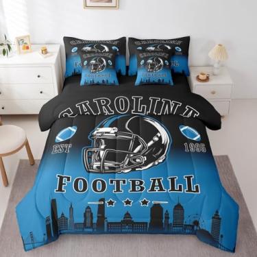Imagem de Erosebridal Jogo de cama de 7 peças, futebol americano, cidade, solteiro, com edredom para crianças, meninos, adolescentes, jogos esportivos de rúgbi, preto e azul (Carolina)