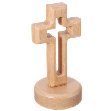 Imagem de Veemoon Decoração de cruz de madeira em pé com base, enfeite de mesa rústica crucifixo crucifixo cruz magnética de Jesus crucifixo para casa cristã católica religiosa