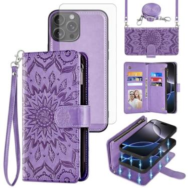 Imagem de Capa de telefone para iPhone 16 Pro Max 17.5 cm carteira magnética destacável com protetor de tela alça transversal alça flip porta-cartão slot i Phone16 16Pro i16 ProMax 16ProMax roxo