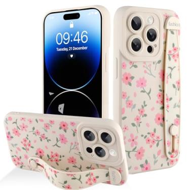 Imagem de AIGOMARA Capa para iPhone 14 Pro com alça para mulheres e meninas, linda estampa floral rosa, capa protetora de silicone com suporte de faixa macia, branca