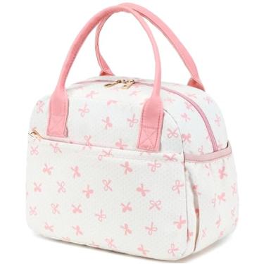 Imagem de CAMTOP Lancheira para mulheres, lancheira isolada, térmica, à prova de vazamento, acolchoada reutilizável, lancheira para trabalho, escola, viagem, piquenique (bege com laço rosa)