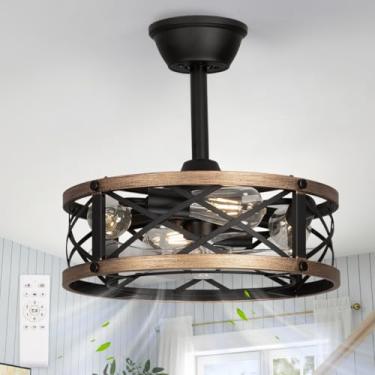 Imagem de SabvioZh Ventilador de teto com gaiola de fazenda de 42 cm com luz, ventiladores de teto pequenos rústicos sem lâminas com luzes e controle remoto, ventilador de teto fechado moderno com luz para