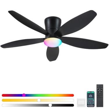 Imagem de Surtime Ventiladores de teto RGB de montagem embutida com ventilador de teto de baixo perfil Lights-48 com luz e controle remoto/aplicativo, DC reversível, ventiladores de teto Blakc reguláveis de LED