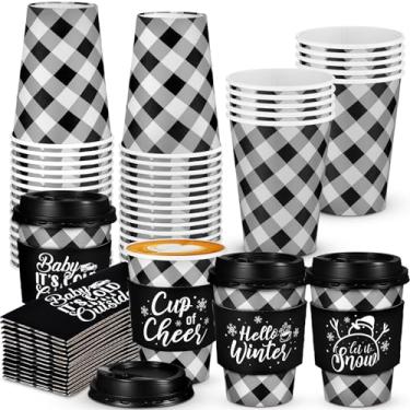 Imagem de Layhit 24 peças de copos de café xadrez de búfalo de Natal descartáveis com tampas de mangas 350 g para suprimentos de festa de cacau quente de inverno e Natal (preto e branco, 473 ml)