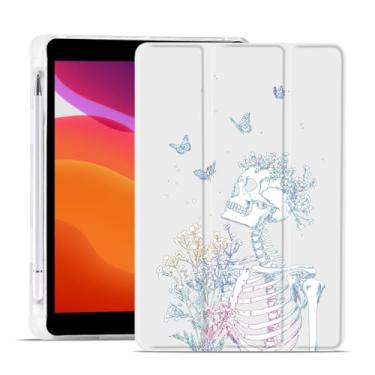 Imagem de MAYCARI Capa de Halloween para iPad de 10,2 polegadas 2021/2020/2019 com suporte para lápis, caveira borboleta original iPad 9ª/8ª/7ª geração, capa protetora traseira de TPU macio, capa fina hibernar