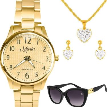 Imagem de Relogio Banhado Feminino Aço Inox + Colar Brincos + Oculos Social Delicado Dourado Protecao Uv Preto