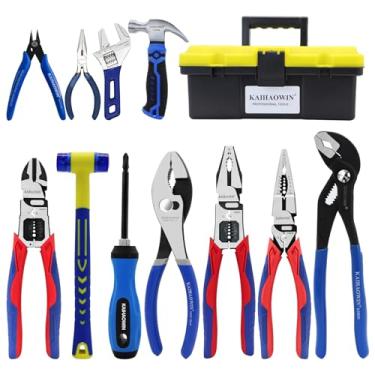 Imagem de KAIHAOWIN Kit de ferramentas domésticas de 11 peças com estojo de transporte - Conjunto de alicates de aço CR-V, chave, martelo, chave de fenda e cortador de fio para reparo DIY, automotivo