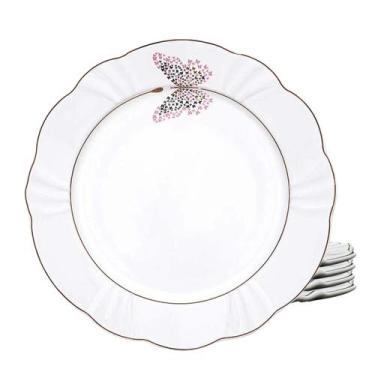 Imagem de Kit Jogo 4 Pratos Fundo Porcelana 24cm Borda Dourada Borboleta Soleil 