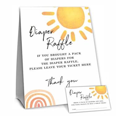 Imagem de NYCTUG Jogo de chá de bebê, kit de sorteio de fraldas com brilho solar para meninos e meninas, 1 sorteio de fraldas, placa de pé com 50 bilhetes para sorteio de fraldas, decorações e suprimentos para