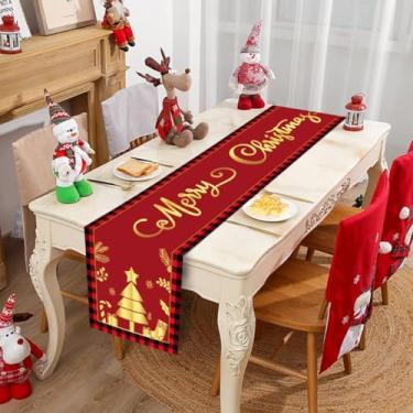 Imagem de Passadeira de mesa dourada Feliz Natal 33 x 182 cm, toalha de mesa dourada de poliéster para decoração de casa de fazenda para casa, cozinha, sala de jantar, interior, exterior, borda xadrez búfalo