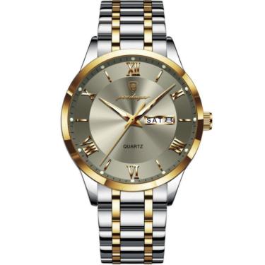 Imagem de Relógio Masculino Analógico Quartzo á Prova D´agua Em Aço Inoxidável Cinza Dourado