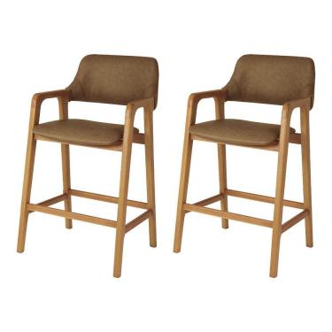 Imagem de Conjunto 2 Banquetas Ruth Em Jequitibá Natural Estrutura Premium Para Cozinha E Bar Corino Caramelo