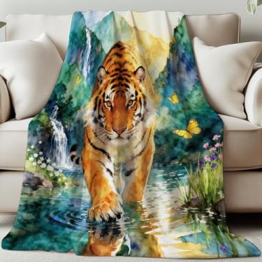 Imagem de GLOBLELAND Cobertor de tigre, 139 × 139 cm, cenário de montanhas, macio, aconchegante, flanela, animal, borboletas, lavável, cobertor para casa, escritório, sala, cama, sofá, cadeira, presentes