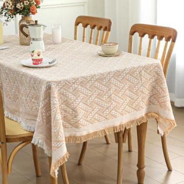 Imagem de Remagr Toalha de mesa retangular boho, toalha de mesa de linho de algodão com franjas, à prova d'água para uso ao ar livre, sem rugas, capa de mesa rústica, para jantar na cozinha de Natal, 127 x 178