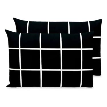 Imagem de Kit 2 Fronhas Avulsas Estampadas Para Travesseiro Malha 100% Algodão Toque Macio Com Zíper Hotel Pousada (Grid Preto, 65x50 cm)