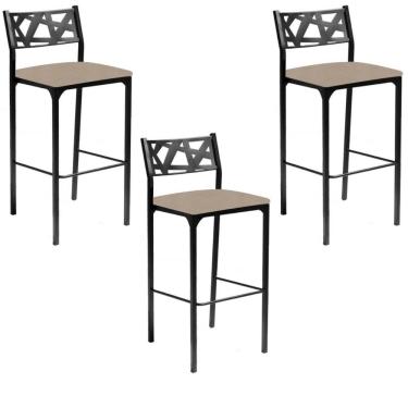 Imagem de Kit 03 Banquetas Alta Com Encosto Luiza Gourmet Para Balcão Cozinha Suede Bege - Aurora Line