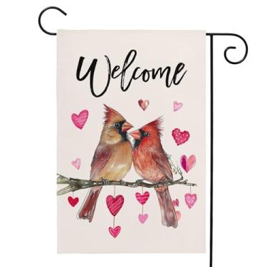 Imagem de Welcome Valentines Bandeira de jardim 30,5 x 45,7 cm, dupla face, padrão, pássaros cardeais, corações, bandeiras de quintal pequenas para decoração de férias em casa de fazenda vertical