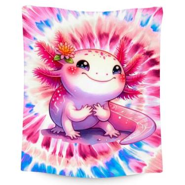 Imagem de Cobertor Axolotl, cobertores para meninas, presentes para crianças, 127 x 152 cm, tie dye para crianças, mantas macias e aconchegantes de lã arco-íris para sofá de cama
