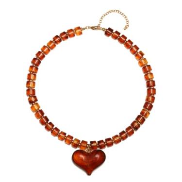 Imagem de Dr's gift Colar grosso feminino com pingente de coração com pingente de coração laranja acrílico grosso com contas âmbar, pingente de coração