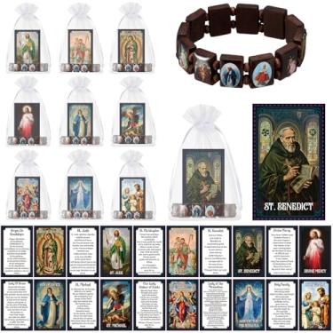 Imagem de Huquary Conjunto de 30 peças de presentes católicos escrituras, cartões de oração católicos, pulseiras elásticas de madeira religiosas e sacos de organza, presentes de batismos, presentes a granel