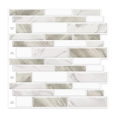 Imagem de Karecel Azulejos de parede de cozinha para descascar e colar, 10 folhas 30,5 x 30,5 cm adesivo no fundo para chuveiro, banheiro, lavanderia, locatário, adesivo 3D, bege e branco