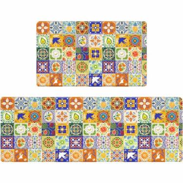Imagem de Rexful Conjunto de tapete e tapete de cozinha de azulejo mediterrâneo colorido, 2 peças, antiderrapante, lavável, amarelo, azul, laranja, padrão de patchwork, tapete de decoração de cozinha (verde