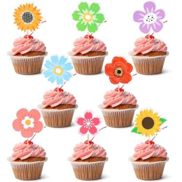 Imagem de 40 peças de enfeite de cupcake de flores coloridas de verão, decorações de bolo de girassol e margarida dupla face para casamento, aniversário e chá de bebê, palitos de cupcake florais vibrantes para