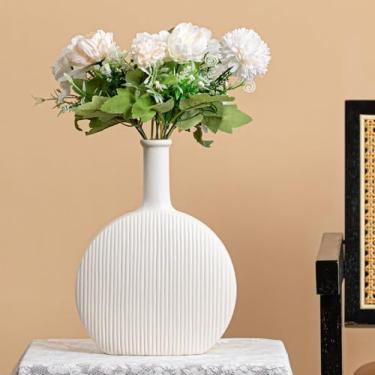 Imagem de Vaso de cerâmica decorativo moderno, branco fosco, formato de garrafa redonda texturizado com pescoço longo, decoração de casa contemporânea V-DBD-SLYP-W