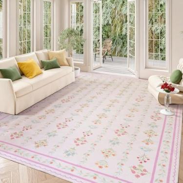 Imagem de Tapete de área grande, 2,4 x 3 m, lavável na máquina, tapetes florais grossos, vintage, rosa, antiderrapante, para sala de estar, quarto, sala de jantar, decoração