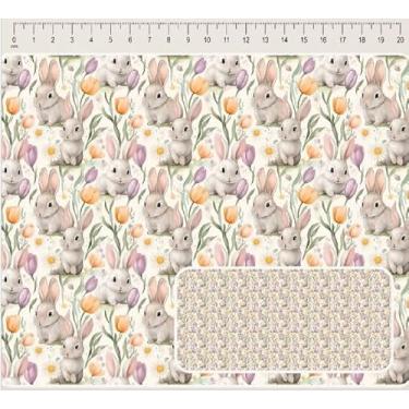 Imagem de Tecido Tricoline Digital Coleção Páscoa Florida coelhos com tulipas laranja e lilás 50 x 150 cm