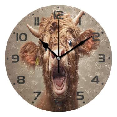 Imagem de JUZIHAI Relógio de parede engraçado de vaca escocesa das terras altas, silencioso, sem tique-taque, redondo, operado por bateria, fácil de ler, relógio decorativo de parede para casa, cozinha, sala de
