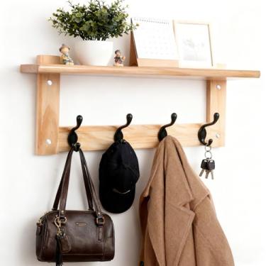 Imagem de L&lonpa 1 gancho montado na parede com prateleira, gancho de madeira com 4 ganchos, para casacos, bolsas, chaves, chapéus, na entrada, banheiro, quarto