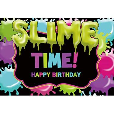 Imagem de OERJU 1,8 x 1,2 m It's Slime Time, cenário fotográfico colorido grafite fiesta chá de bebê recém-nascido festa fundo para crianças, salpicos brilhosos, faixa de festa de feliz aniversário, adereços de