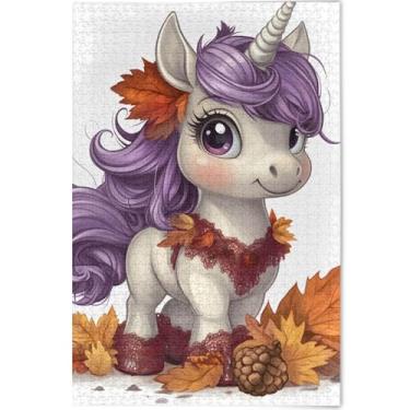 Imagem de Quebra-cabeças personalizados de unicórnio com folhas de outono 500 peças para adultos amantes de elefantes brancos, presentes de paisagem, arte de paisagem, 52 x 37,8 cm
