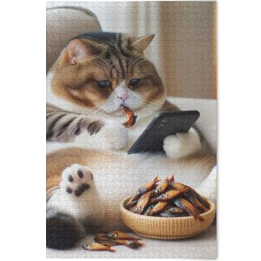 Imagem de Quebra-cabeças engraçados de gato gordo personalizado para adultos 1000 peças presentes de jogo de quebra-cabeça engraçados para a família Prime Puzzles paisagem arte animal, 75 x 50 cm