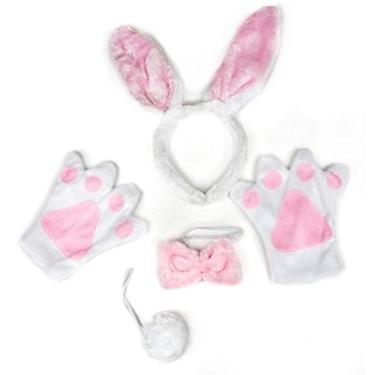 Imagem de Petitebella Tiara de coelho branco com laço e cauda luvas fantasia para adultos (tamanho único)