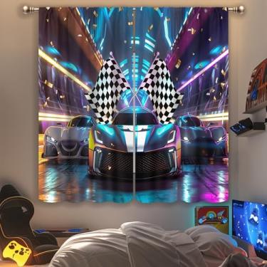 Imagem de Mitpok Cortinas de carro de corrida para quarto 106 cm L x 150 cm A bolso para varão legal esportivo preto branco xadrez bandeira automobil speed game competição neon para meninos e homens, conjunto