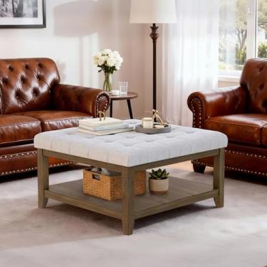 Imagem de ABHENG Otomana quadrada grande de 80 cm, mesa de sofá de madeira de seringueira sólida com prateleira aberta, banco de pé carrega até 150 kg, chenille branco UASND67W