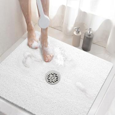 Imagem de HITSLAM Tapete de chuveiro quadrado, tapete de banheiro antiderrapante de 61 x 61 cm para banheira, tapetes de banheira de bucha de PVC macio com orifícios de drenagem, tapete de piso de banheiro de