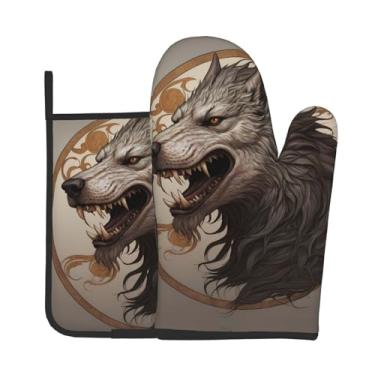 Imagem de Conjunto de luvas de forno com estampa de lobo gigante majestoso, conjunto de 2 peças, adequado para cozinhar, assar e grelhar ao ar livre