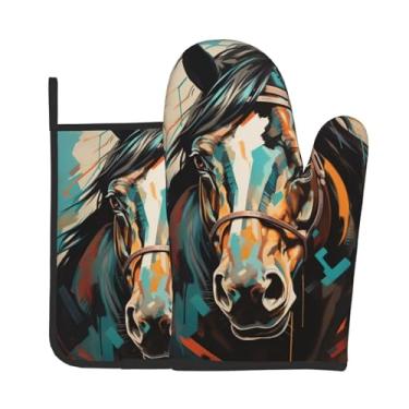 Imagem de Conjunto de 2 peças de luvas de forno com estampa de cavalos coloridos, adequado para cozinhar, assar e grelhar ao ar livre