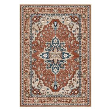 Imagem de RELEANY Tapetes de área 9,5 x 1,8 m lavável, antiderrapante, floral, vintage, estampa de angústia, tapete medalhão para sala de estar, quarto, sala de jantar, vermelho, laranja, azul, marrom