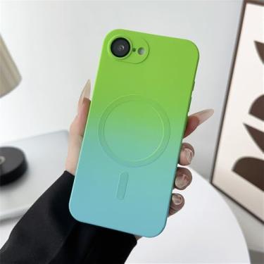 Imagem de Capa de silicone líquido com carregamento sem fio para iPhone 16 Pro Max, 15, 14 Plus, 16e, SE4, 11, 12 e 13, com design magnético em degradê nas cores verde e azul celeste. Compatível com 11 Pro Max.