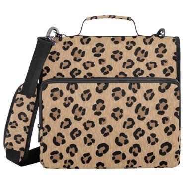 Imagem de SEHANY Fichário de zíper com estampa de leopardo com alça de ombro, capacidade para 500 folhas, vários bolsos, fichário com 3 anéis com zíper de 3 cm