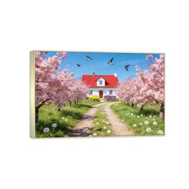 Imagem de BMZFYBS Impressão em tela de paisagem pronta para pendurar - árvore rosa estrada casa pintura de arte de parede - decoração de casa moderna imagem moldura prata 50 x 75 cm 20 x 30 pol