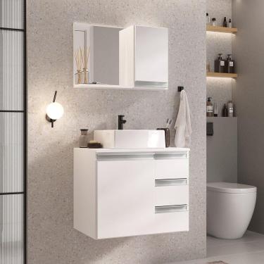 Imagem de Conjunto Gabinete Banheiro Prisma 60cm - Gabinete + Cuba + Espelheira Branco Inteiro